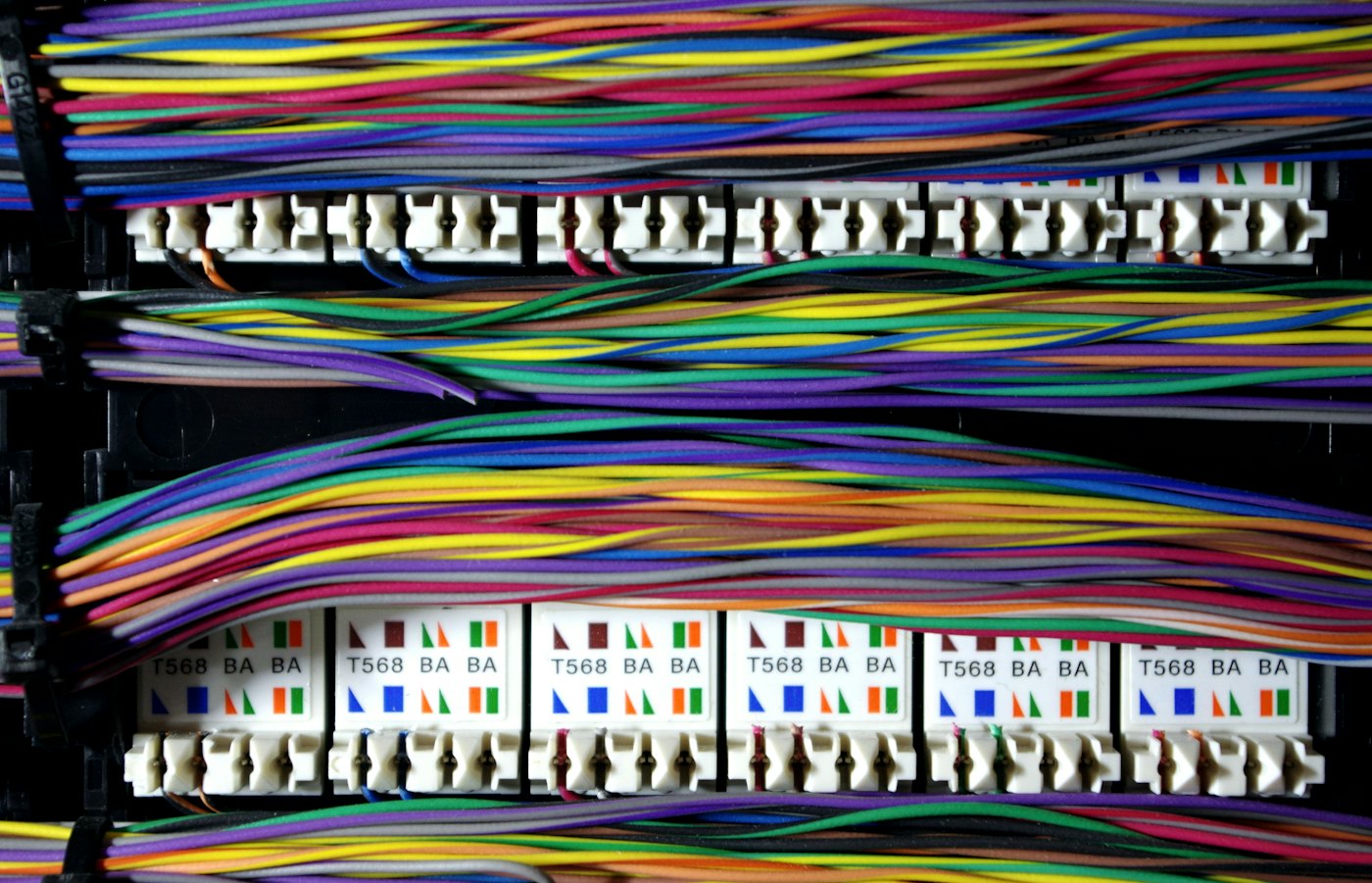 A patch panel with neatly dressed cables