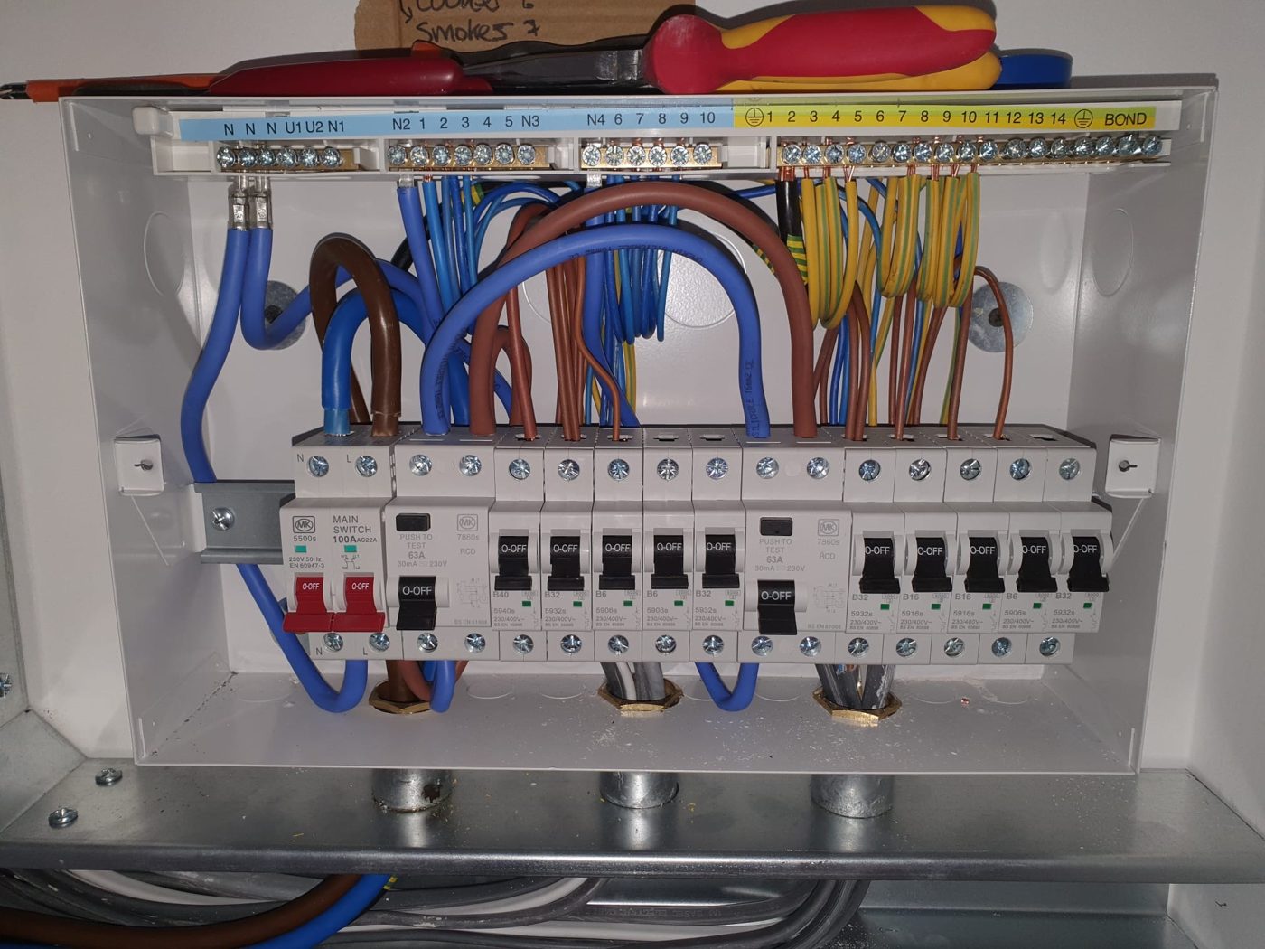 A split load board ready to be energised, with surge and RCD protection