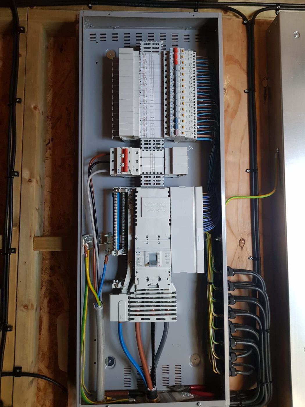 A three-phase distribution board with every outgoing circuit neatly glanded and dressed