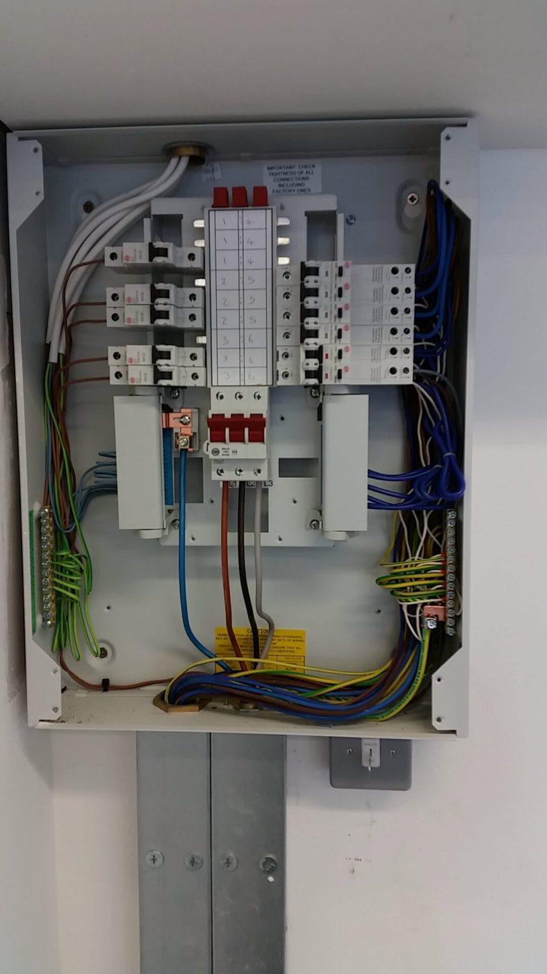 A smaller three-phase board feeding lighting and power on each phase