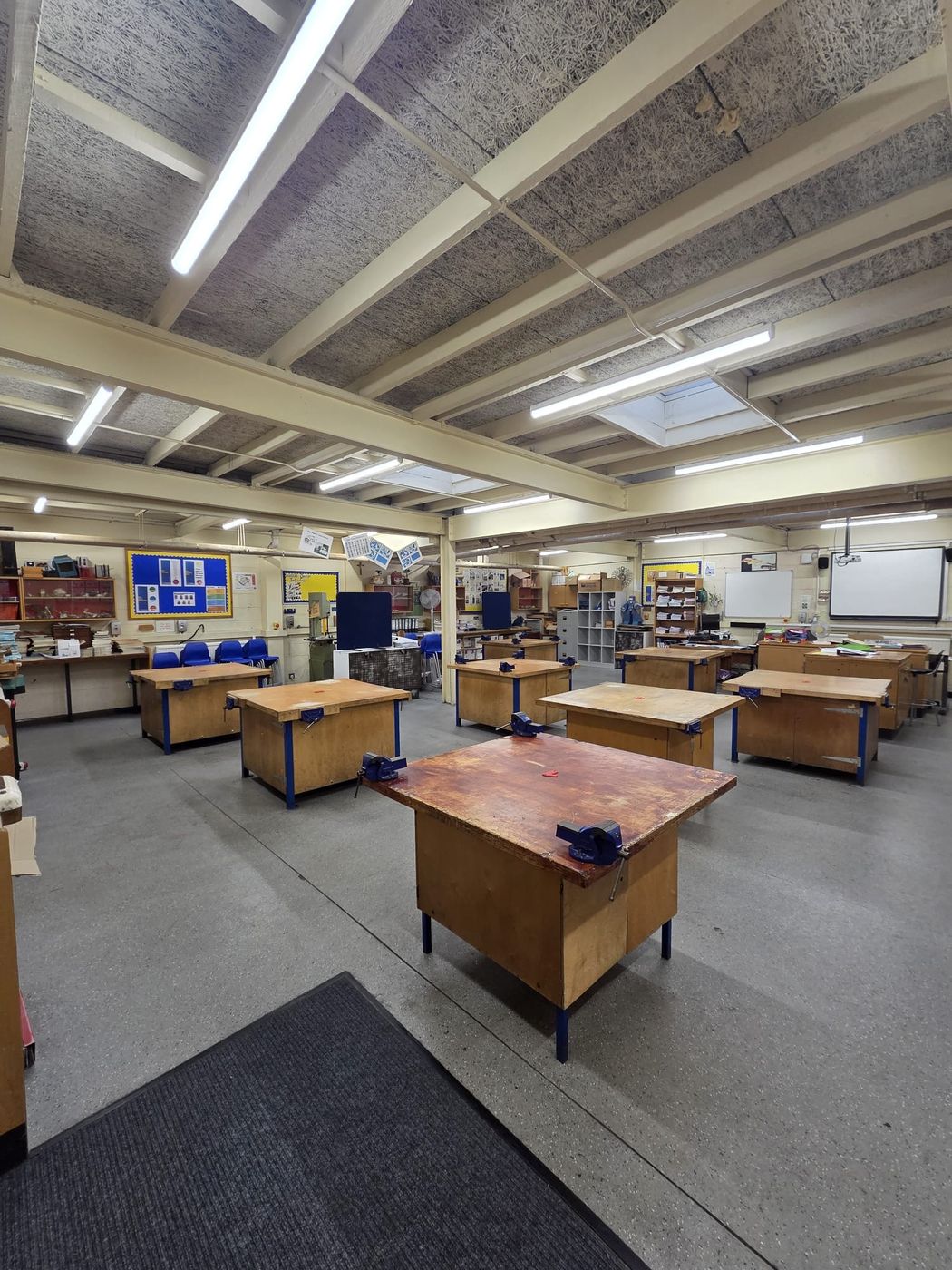 Even LED light over the workbenches, with the roof lights still doing their job by day