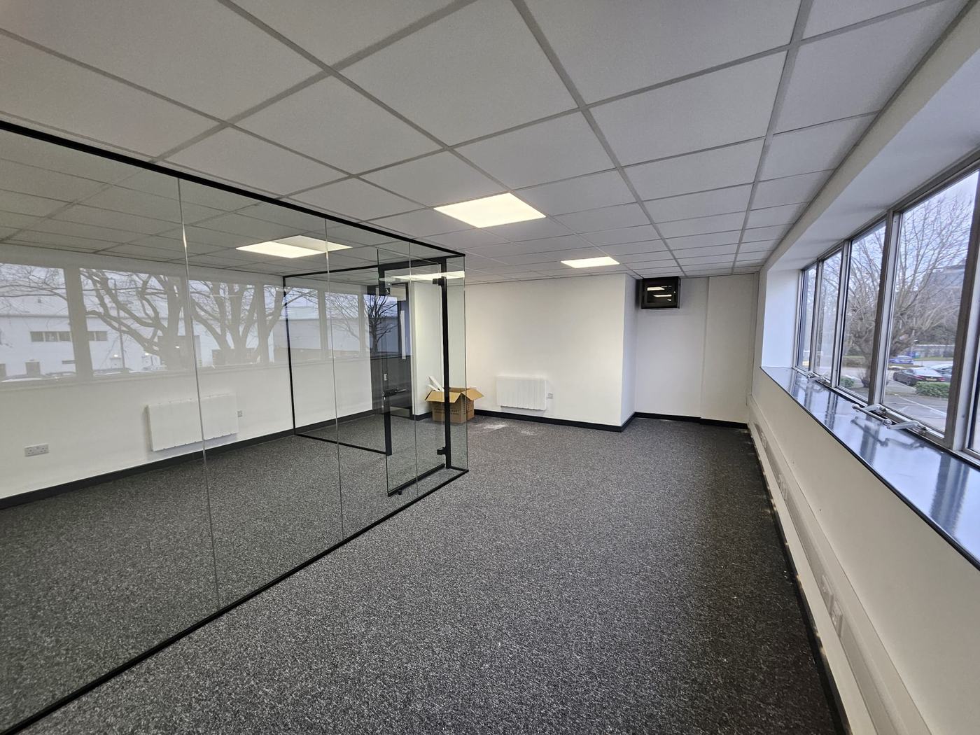 Finished office space with LED panel lighting