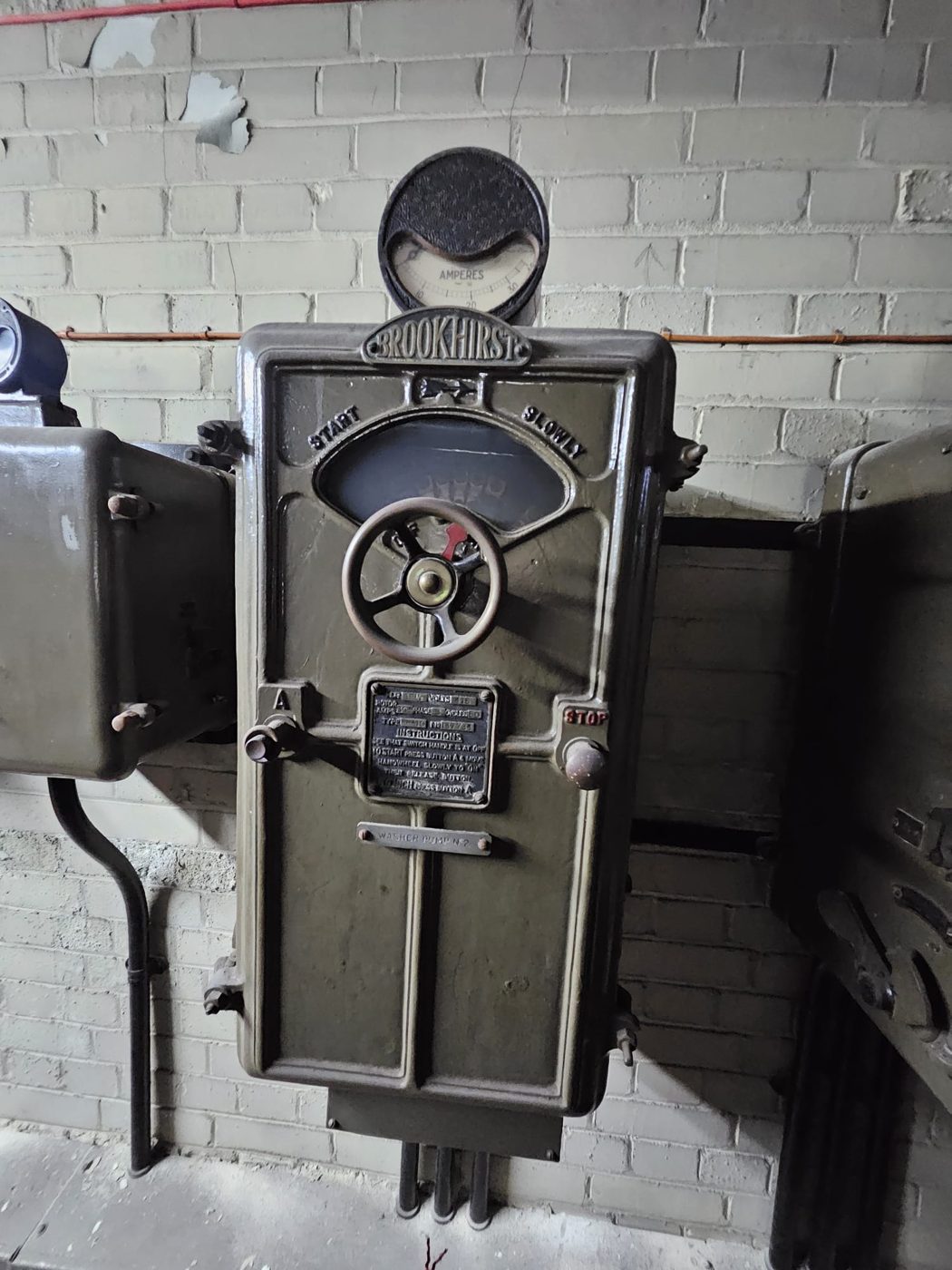 A 1930s Brookhirst hand wheel motor starter with its original ammeter and instruction plate