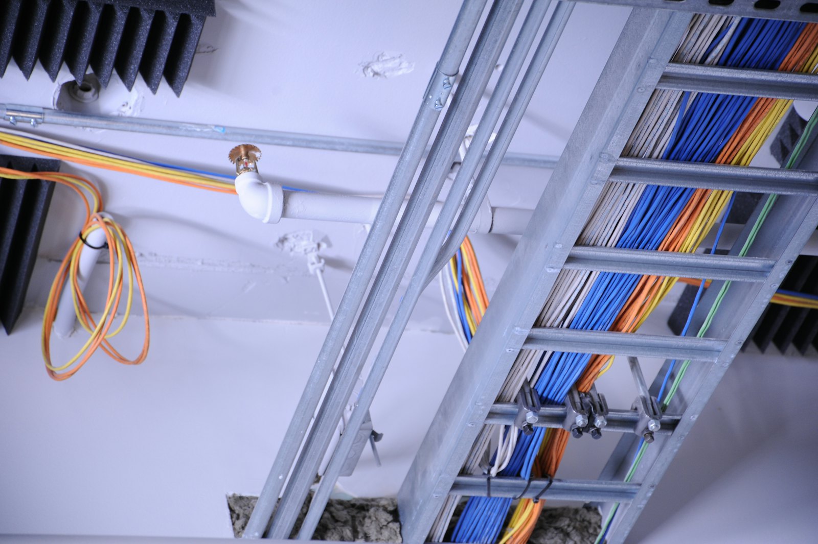 Overhead cable tray carrying neatly run network cables